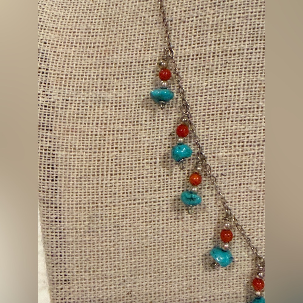 Vintage Delicate Silver Chain Necklace with Turquoise and Red Beads - Picture 2 of 5